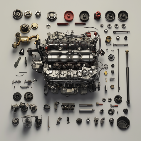 Disassembled Car Engine with Components Spread