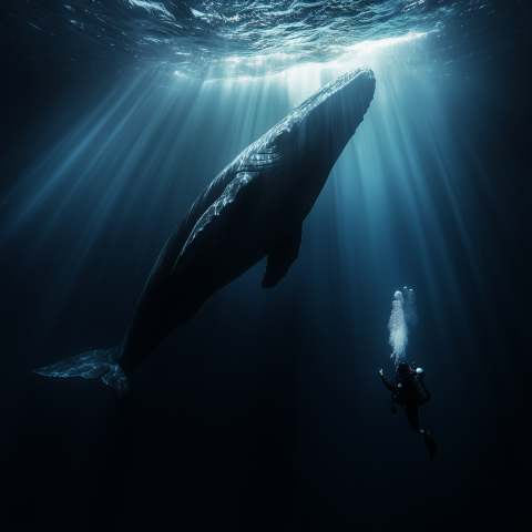 Diver and Giant Whale in Ocean Depths
