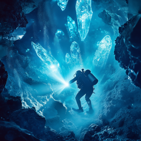 Diver Exploring Crystal Cavern Underwater