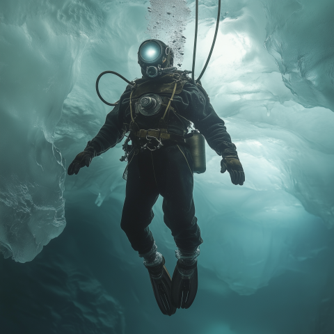 Diver Exploring Underwater Ice Cavern
