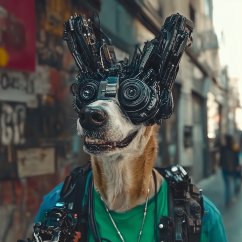 Dog with Advanced Tech Gear in Urban Alley