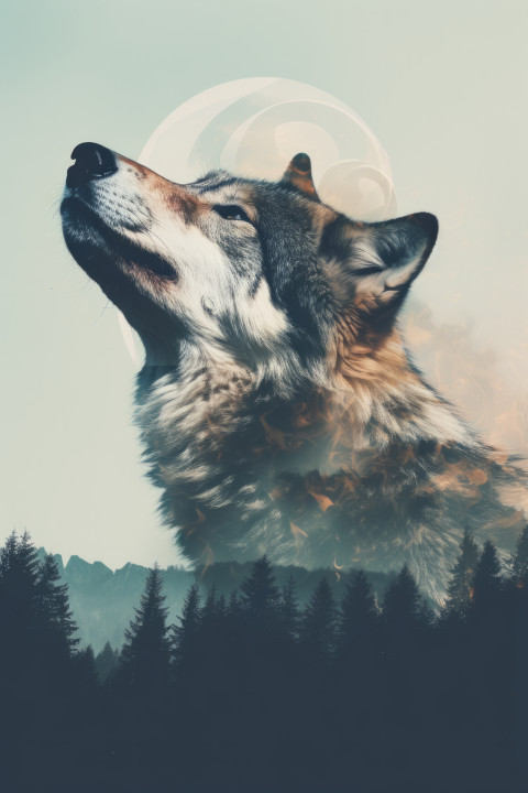 Double exposure wolf side portrait photography