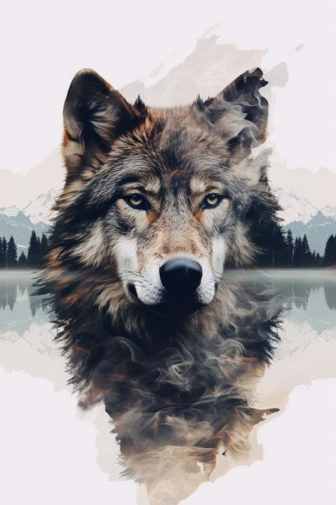 Double exposure wolf side portrait photography