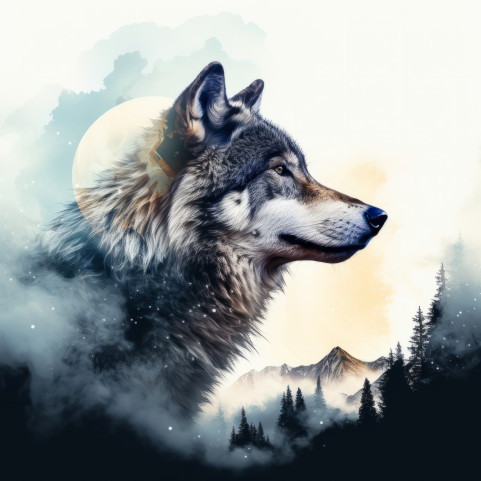 Double exposure wolf side portrait photography