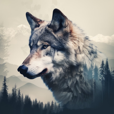 Double exposure wolf side portrait photography
