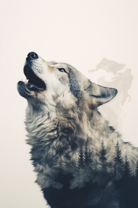 Double exposure wolf side portrait photography
