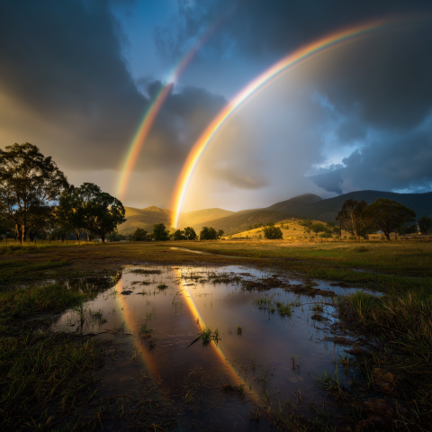Double Rainbow Reflecting Over Rural Landscape