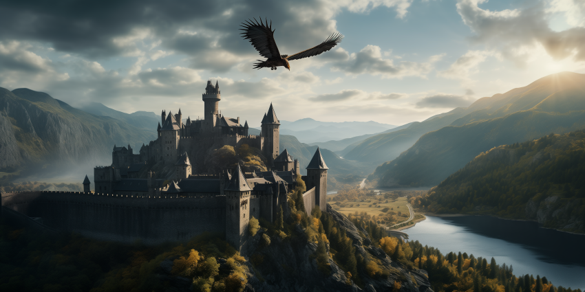 Dragon in Flight Over Castle