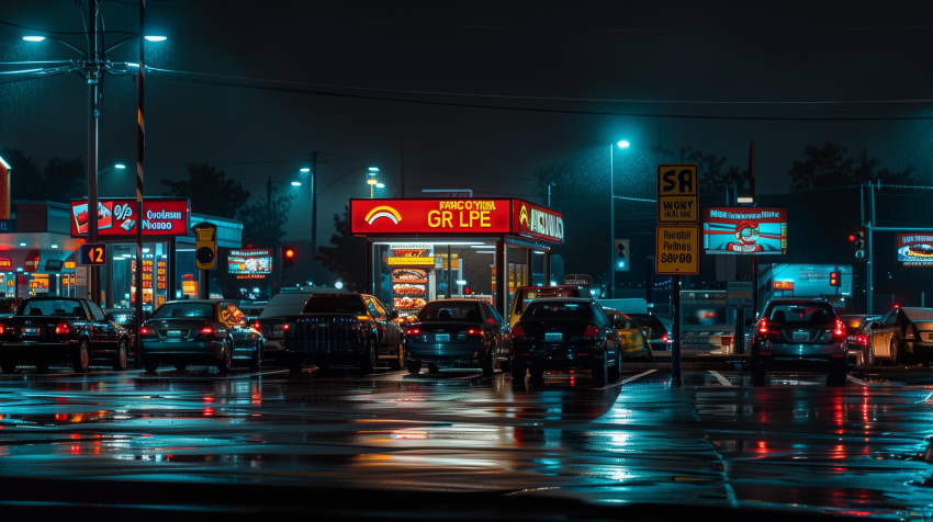 Drive Thru At Night With Cars Lined Up