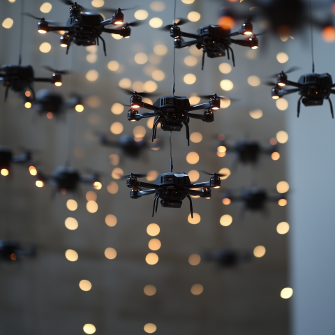 Drones Flying with Bokeh Lights in Background
