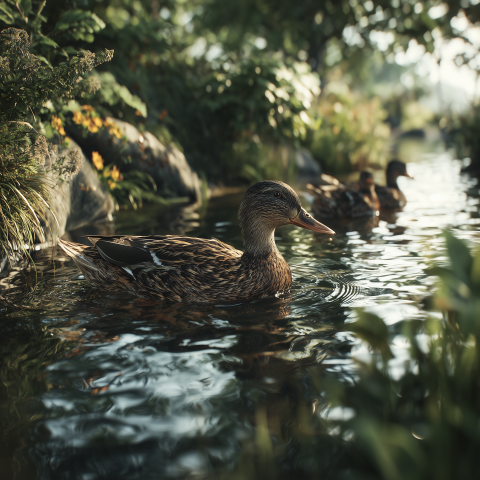 Ducks Swimming in Sunlit Forest River