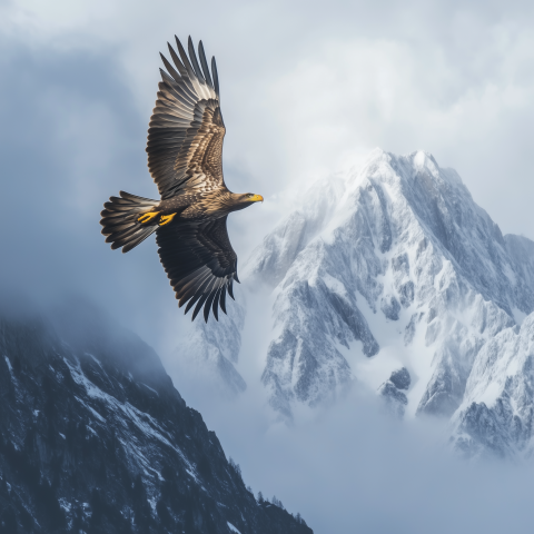 Eagle Soars Above Snowy Mountain Peaks