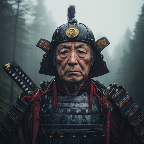 Elder Samurai in Armor in Misty Forest