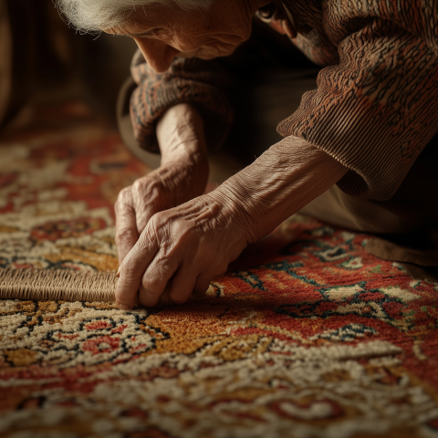 Elderly Artisan Weaving Intricate Carpet