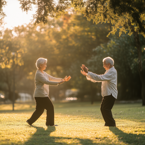 Elderly Couple Practicing Tai Chi in Park