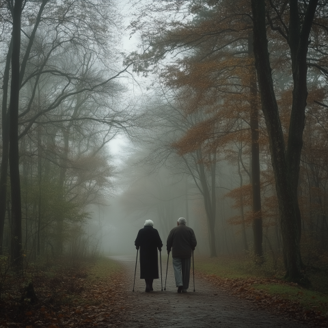 Elderly Couple Walking Through Foggy Forest
