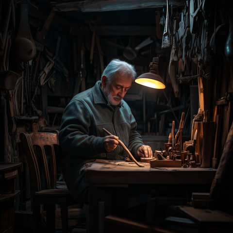 Elderly Craftsman Carving Wood in Workshop