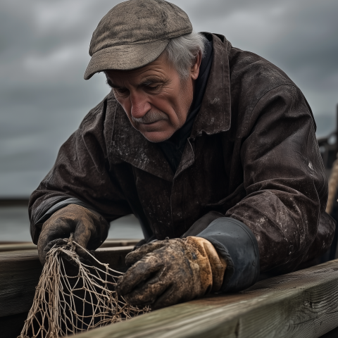 Elderly Fisherman Mending Nets on Dock