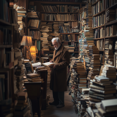 Elderly Man Browsing in Antique Bookstore