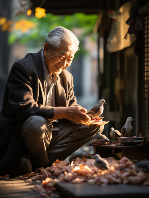 Elderly Man Feeding Birds Joyfully