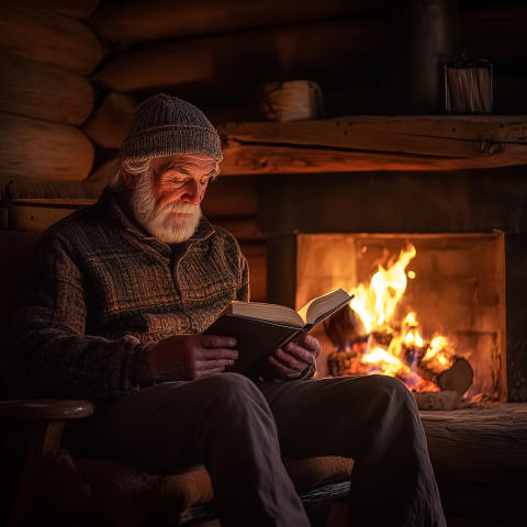 Elderly Man Reading by Cozy Fireplace