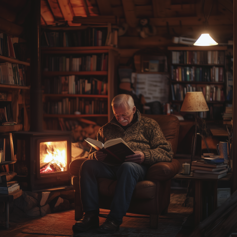 Elderly Man Reading by Cozy Fireplace