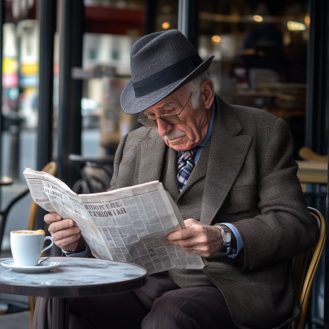 Elderly Man Reading Newspaper at Café