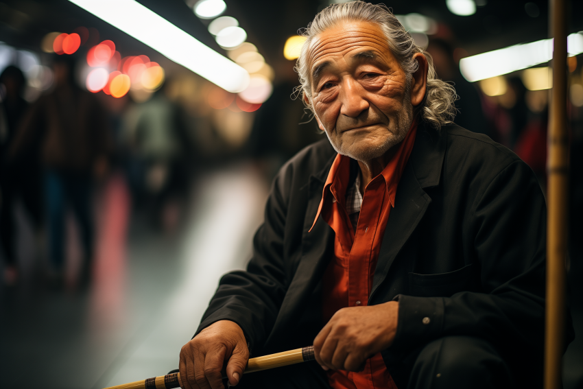 Elderly Man Sitting in Busy Subway Station