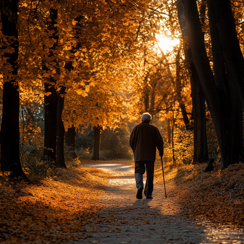 Elderly Man Walking Through Autumn Forest