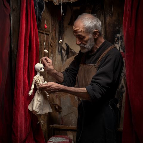 Elderly Puppeteer with Handcrafted Marionette