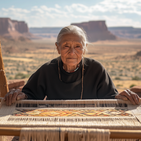 Elderly Weaver Crafting in Desert Landscape