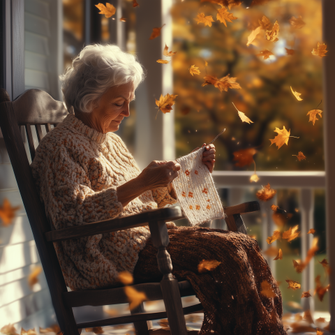 Elderly Woman Knitting on Autumn Porch
