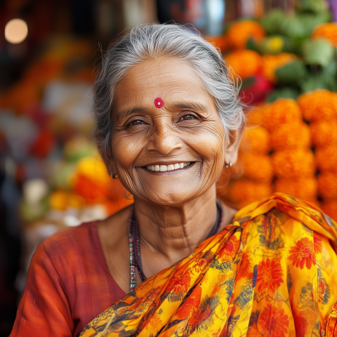 Elderly Woman Smiling in Flower Market