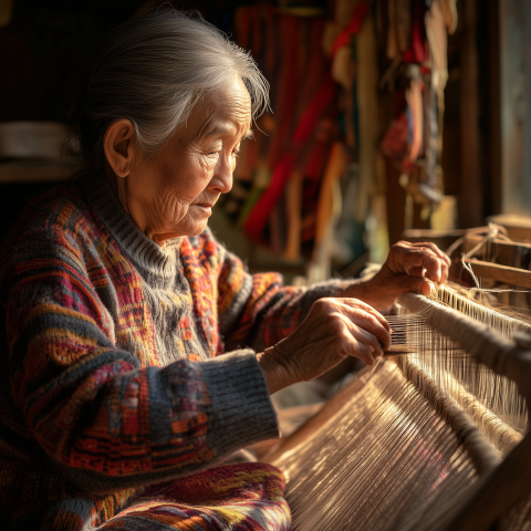Elderly Woman Weaving at Loom in Warm Light