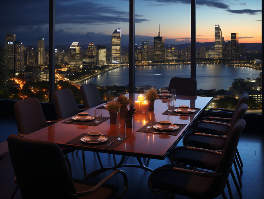 Elegant Boardroom Overlooking City Skyline at Night
