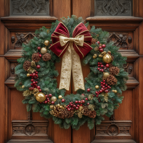 Elegant Christmas Wreath on Wooden Door