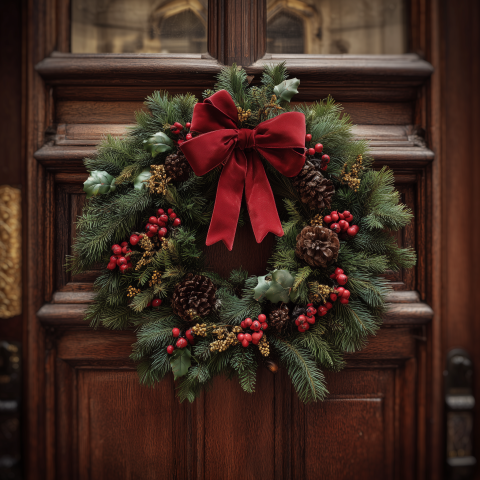 Elegant Christmas Wreath on Wooden Door