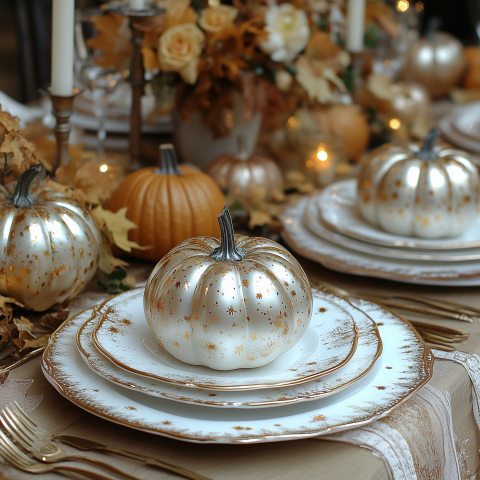 Elegant Fall Table Setting with Decorative Pumpkins