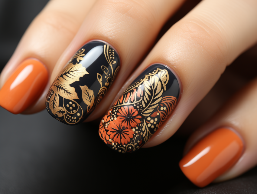 Elegant Floral Black and Orange Nail Art