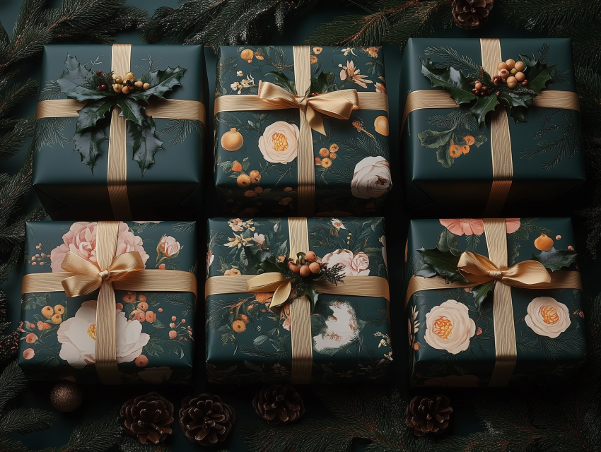 Elegant Floral Christmas Gift Wrap with Bows