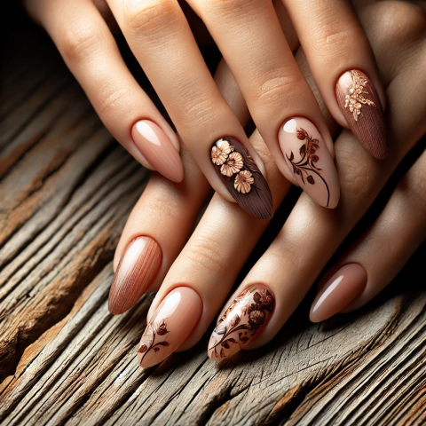 Elegant Floral Manicure on a Rustic Background