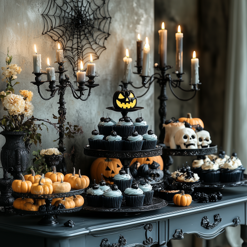 Elegant Halloween Dessert Table with Decorations
