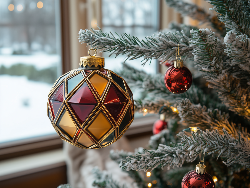 Elegant Ornament on Frosted Christmas Tree