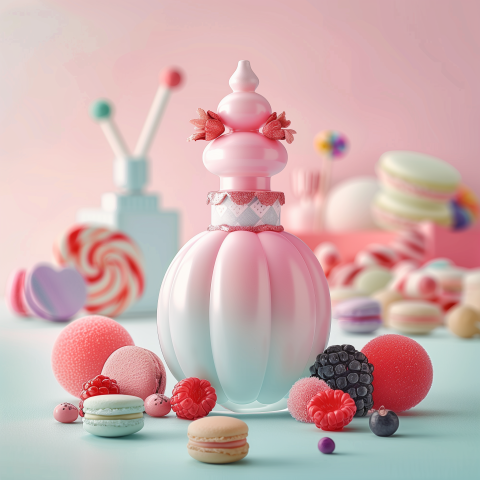 Elegant Perfume Bottle with Macarons and Berries