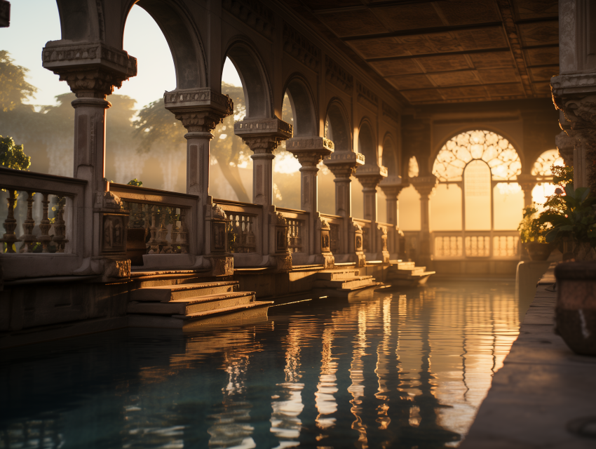 Elegant Poolside Arches at Sunrise