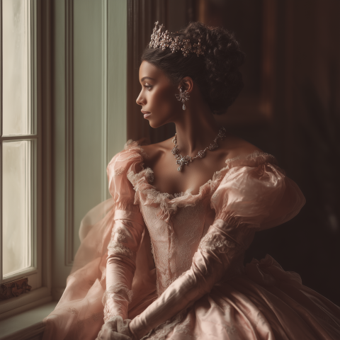 Elegant Princess in Vintage Gown by Window