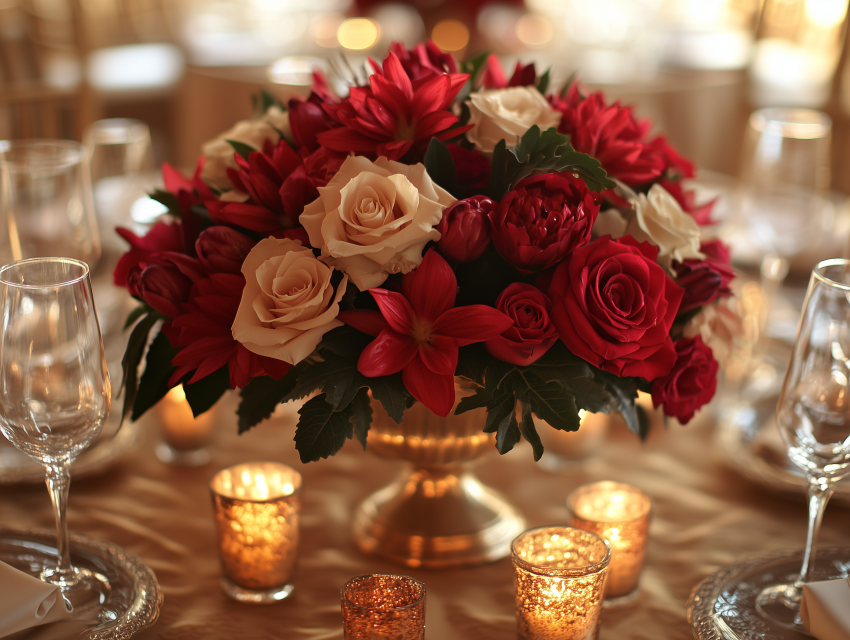 Elegant Red and White Floral Centerpiece with Candles