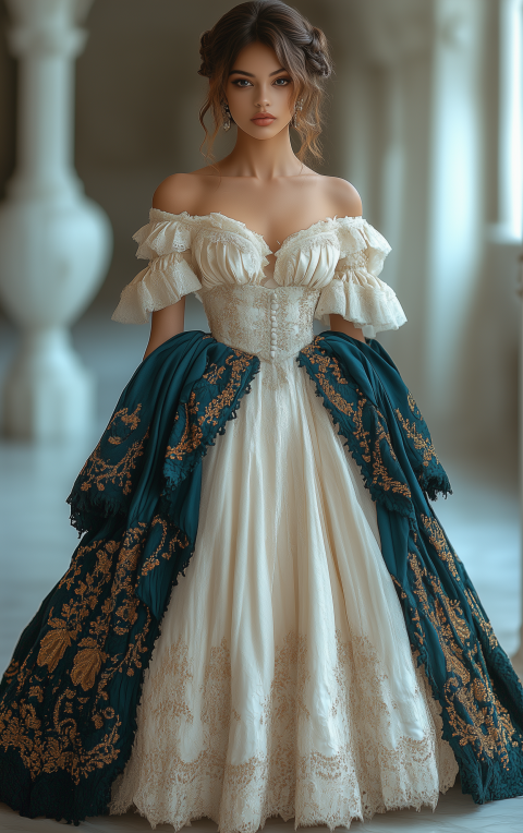 Elegant Victorian-Inspired Off-Shoulder Gown
