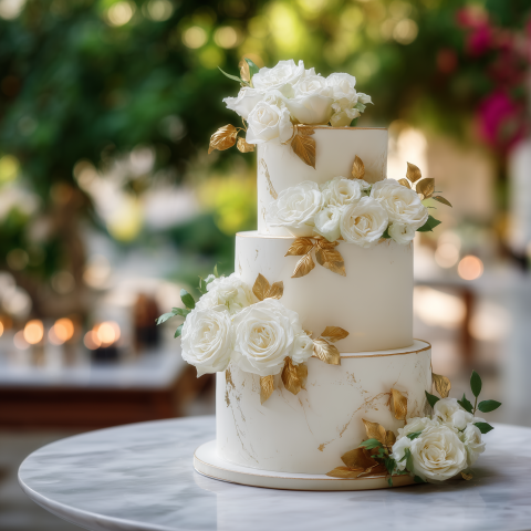 Elegant White and Gold Floral Wedding Cake