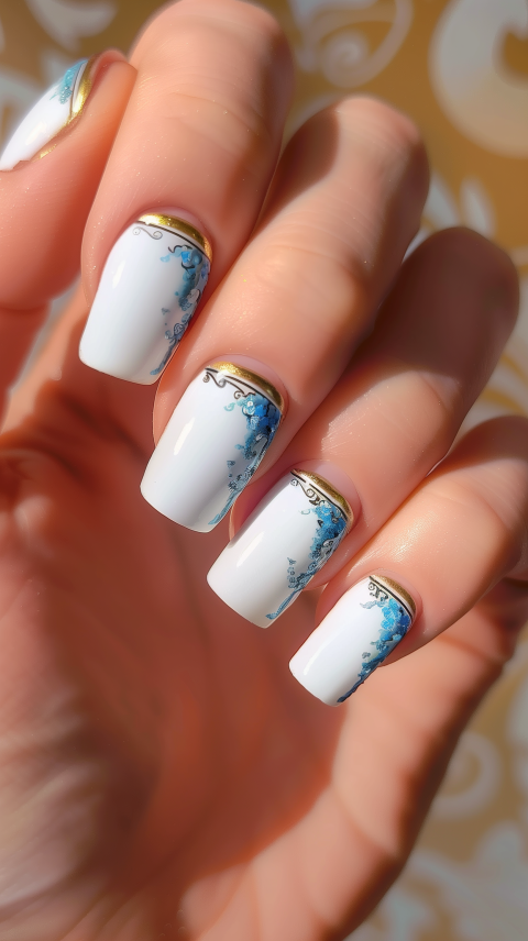 Elegant White Nails with Blue Floral Design